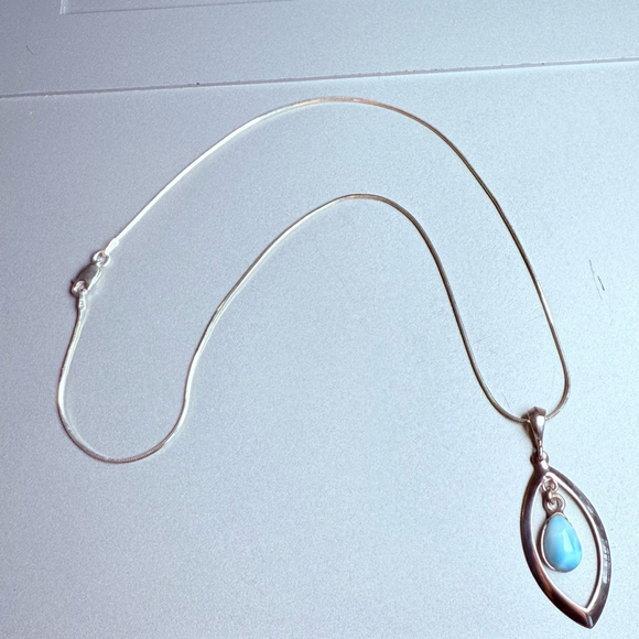 Larimar Floating Cabochon Tear Drop 925 Sterling Silver 1.75" Pendant Necklace - Picture 3 of 8